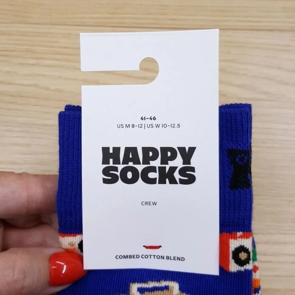 HAPPY SOCKS Crew Socks Blue Radio Music Combed Cotton Unisex M 8-12 W 10-12.5